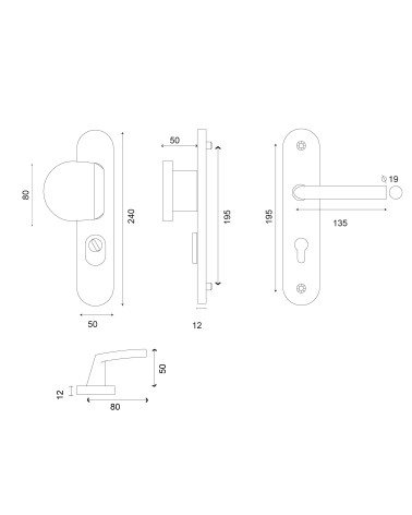 Desenho Conjunto de segurança Palière-Altesse acabamento inox em placa com protetor de cilindro EUROWALE