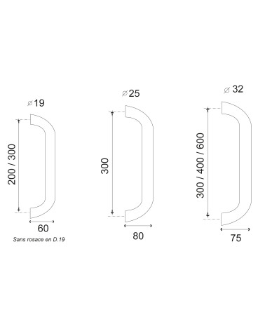 Desenho Puxador de porta Bordeaux curvado inox EUROWALE