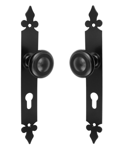 Botão de porta retro preto mate em placa longa para porta, portão e portinhola – Coleção Elisabeth