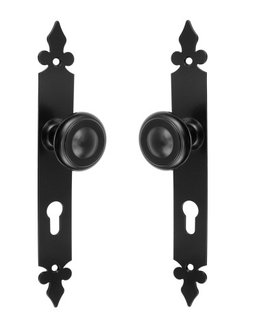 Botão de porta retro preto mate em placa longa para porta, portão e portinhola – Coleção Elisabeth