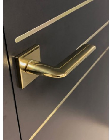 Puxador de porta dourado STINGER design vista de cima inclinada montado numa porta