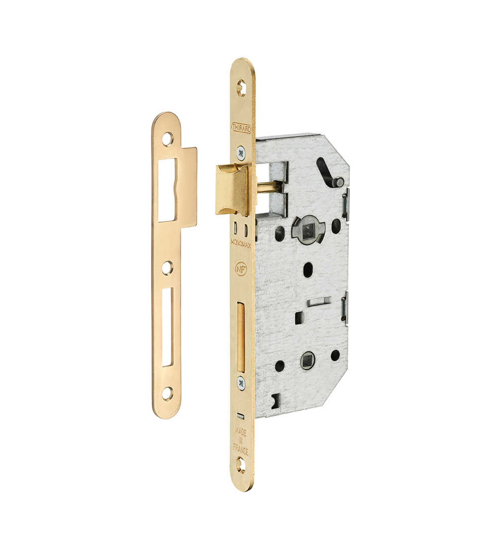 Fechadura design de embutir Thirard MONOMAX NF testeira em aço latonado, eixo 40mm, entreixo 70mm, para WC ou casa de banho - pu