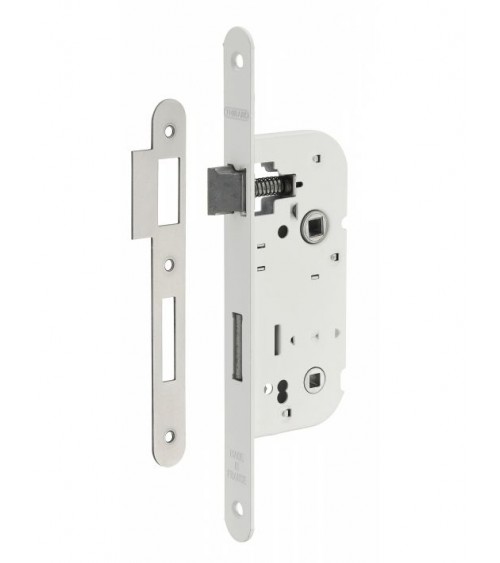 Fechadura branca de embutir Thirard NF testeira em aço branco, eixo 40mm, entre-eixos 70mm, para WC ou casa de banho - puxador d