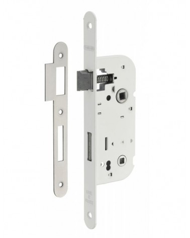 Fechadura branca de embutir Thirard NF testeira em aço branco, eixo 40mm, entre-eixos 70mm, para WC ou casa de banho - puxador d
