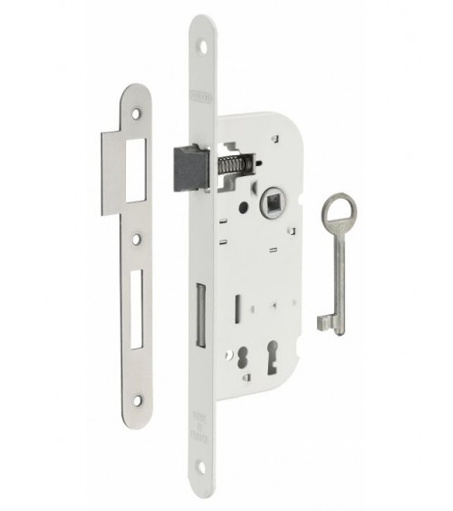 Fechadura branca de embutir Thirard NF testeira em aço branco, eixo 40mm, entre-eixos 70mm, para quarto - puxador design