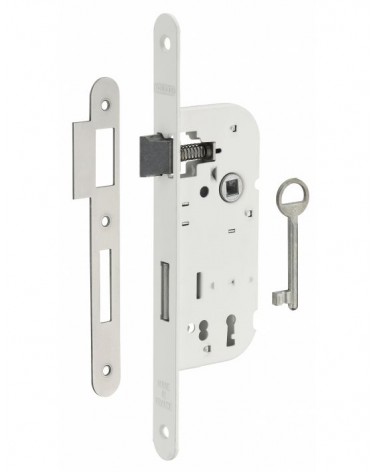 Fechadura branca de embutir Thirard NF testeira em aço branco, eixo 40mm, entre-eixos 70mm, para quarto - puxador design