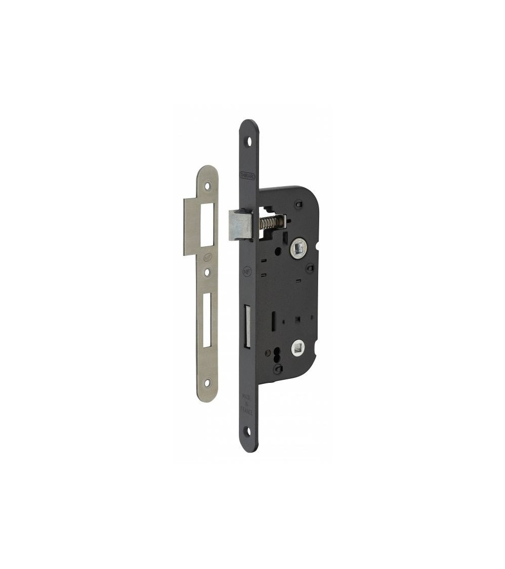 Fechadura de encastrar preta Thirard NF testeira de aço preto, eixo 40mm, entre-eixos 70mm, para WC ou casa de banho - puxador d