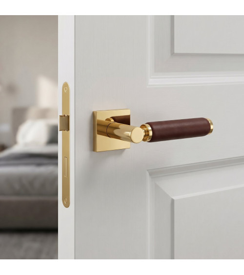 Puxador de porta em ouro polido e couro escuro TUPAI 4200/201 quadrado - puxador design