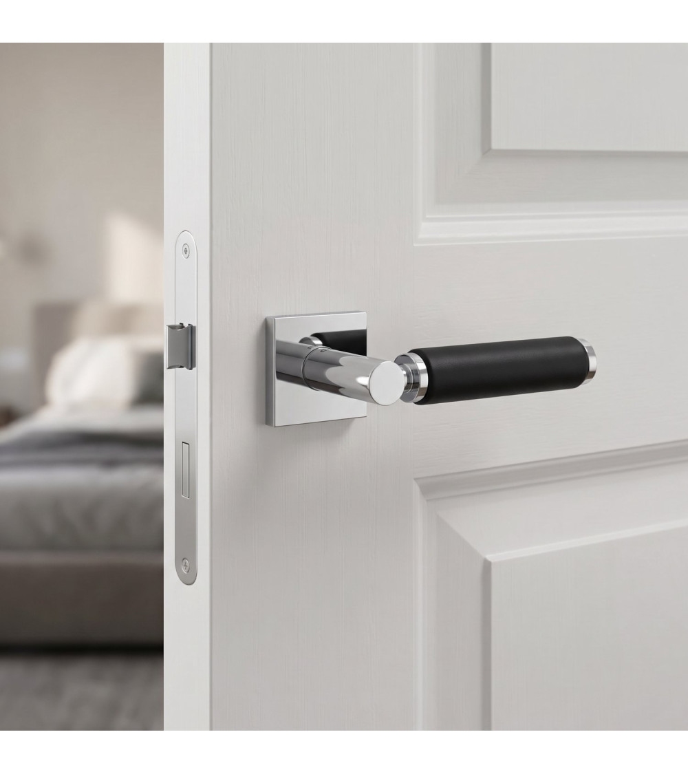 Puxador de porta premium cromado polido e couro preto TUPAI 4200/202 quadrado - MillaPoignées