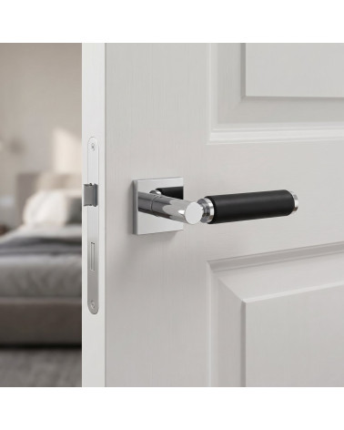 Puxador de porta premium cromado polido e couro preto TUPAI 4200/202 quadrado - MillaPoignées