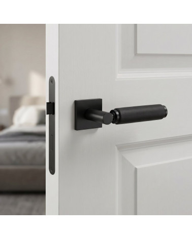 Puxador de porta premium preto e couro preto TUPAI 4200/202 quadrado - MillaPoignées