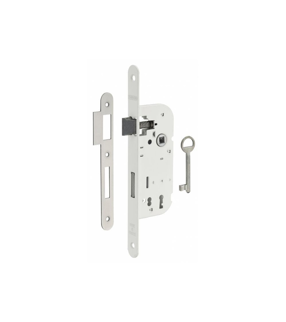 Fechadura branca de encastrar Thirard NF cabeça de aço branco, eixo 50mm, entre-eixos 70mm, para quarto - puxador design