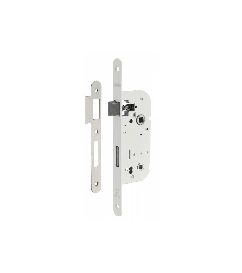 Fechadura branca de encastrar Thirard NF cabeça de aço branco, eixo 50mm, entre-eixos 70mm, para WC ou casa de banho - puxador d