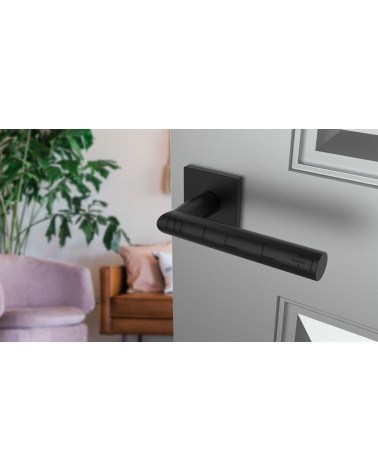 Puxador de porta preto ARABIS puxador design vista inclinada montado numa porta