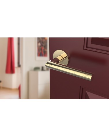 Puxador de porta cor ouro polido ARABIS puxador design montado numa porta ligeiramente aberta