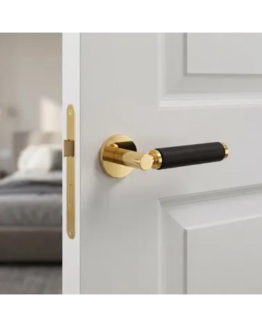 Puxador de porta redondo ouro polido e couro preto TUPAI 4200/202 - MillaPoignées