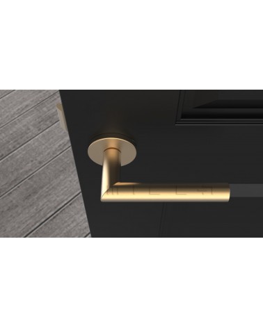 Puxador de porta cor dourado mate ARABIS design vista de cima montado numa porta