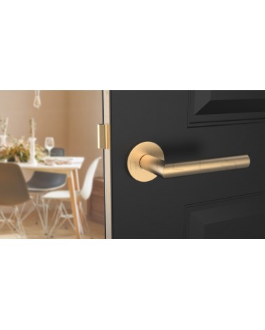 Puxador de porta cor dourado mate ARABIS design vista de frente montado numa porta