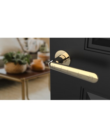 Puxador de porta dourado polido ARIA puxador design vista de cima inclinada montado numa porta