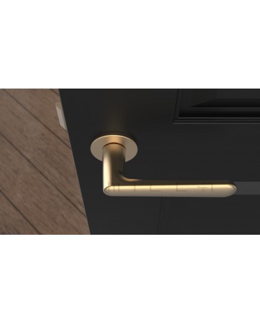 Puxador de porta dourado mate ARIA puxador design vista de cima montado numa porta