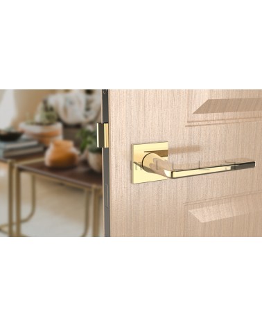 Puxador de porta ouro polido SETIA puxador design vista de frente montado numa porta