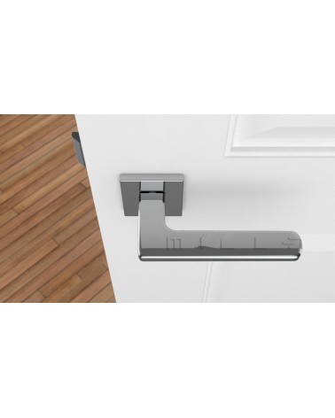 Puxador de porta cromado polido YUKA ferragens design vista de cima montado numa porta