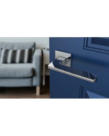 Puxador de porta estilo moderno YUKA puxador design vista de cima inclinada montado numa porta