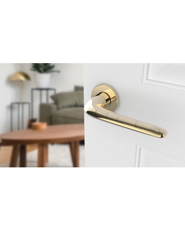 Puxador de porta Dourado AZALIA design vista inclinada montado numa porta