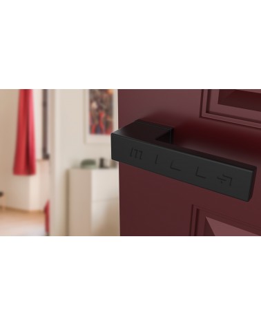 Puxador de porta preto CARLINA design vista de cima inclinada montado numa porta
