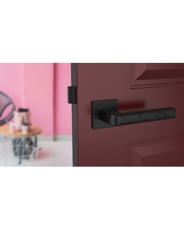 Puxador de porta SALICE preto design de ferragens vista de frente montado numa porta