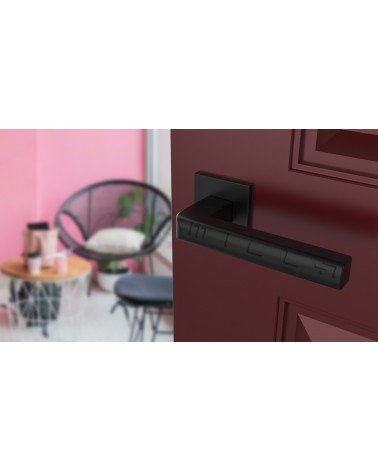 Puxador de porta preto SALICE ferragens design vista inclinada montado numa porta