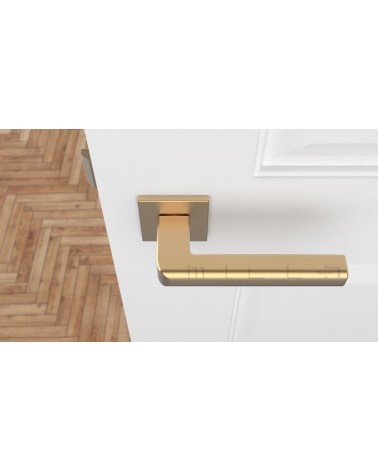 Puxador de porta dourado mate SALICE ferragens design vista de cima montado numa porta