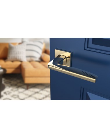 Puxador de porta dourado polido ERBA puxador design vista inclinada montado numa porta