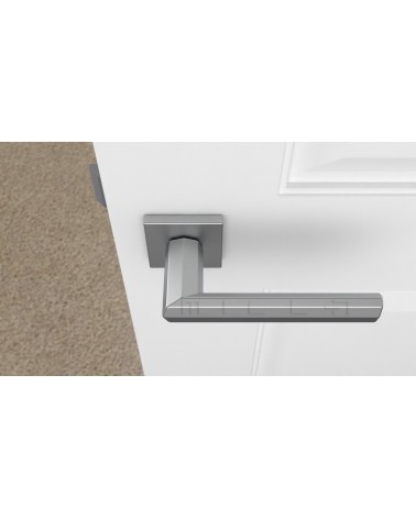 Puxador de porta cromado acetinado FRESIA puxador design vista de cima montado numa porta