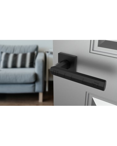 Puxador de porta moderno FRESIA puxador design vista de cima inclinada montado numa porta