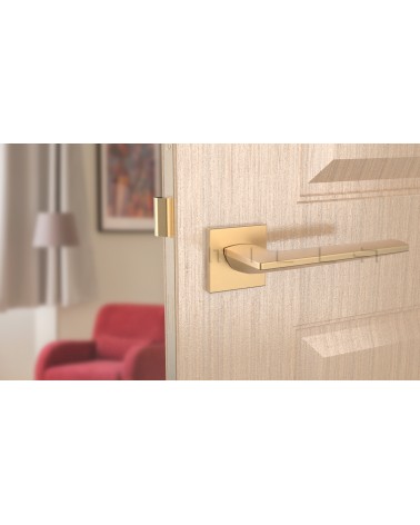Puxador de porta dourado mate LUNARIA puxador design vista de frente montado numa porta