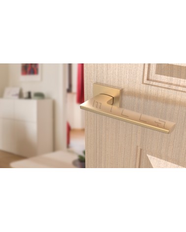 Puxador de porta dourado mate LUNARIA puxador design vista de cima inclinada montado numa porta