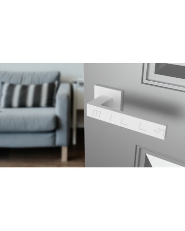 Puxador de porta branco SULLA puxador design vista de cima inclinada montado numa porta