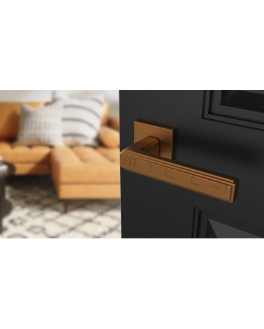 Puxador de porta moderno RAFLESIA puxador design de cor 1 montado numa porta azul escura aberta