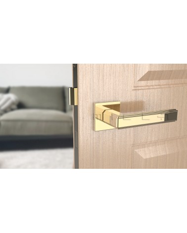 Puxador de porta ouro polido RAFLESIA puxador design montado numa porta entreaberta