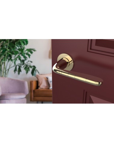 Puxador de porta dourado polido HIACYNTA puxador design vista de cima inclinada montado numa porta