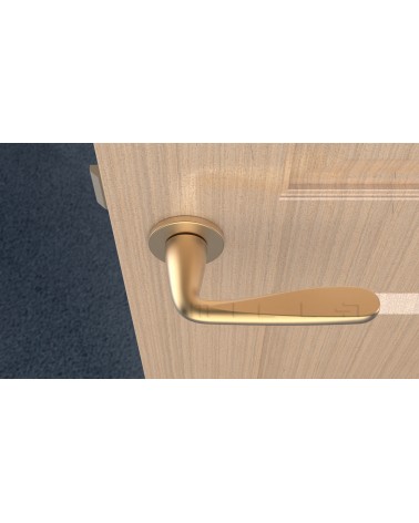 Puxador de porta dourado mate HIACYNTA puxador design vista de cima montado numa porta