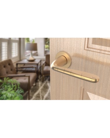 Puxador de porta ouro mate HIACYNTA design vista de cima inclinada montado numa porta