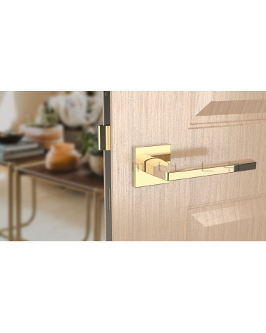 Puxador de porta ouro polido PYROLA ferragens design vista de frente montado numa porta