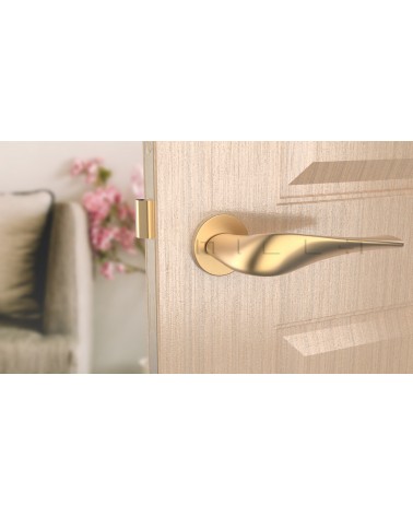 Puxador de porta dourado mate PETUNIA design vista de frente montado numa porta