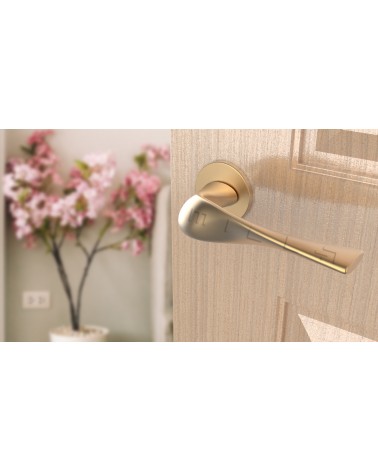 Puxador de porta dourado mate PETUNIA design vista de cima inclinada montado numa porta