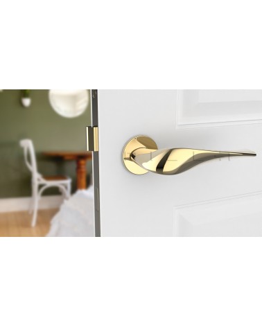 Puxador de porta dourado polido PETUNIA ferragens design vista de frente montado numa porta