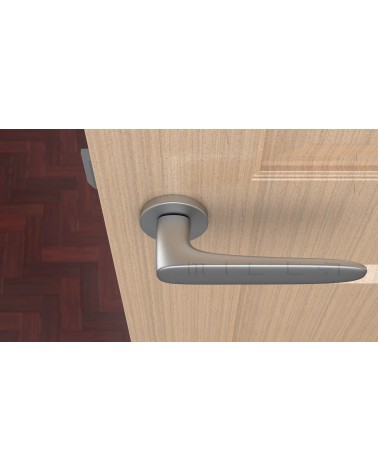 Puxador de porta cromado acetinado ROSA puxador design vista de cima montado numa porta