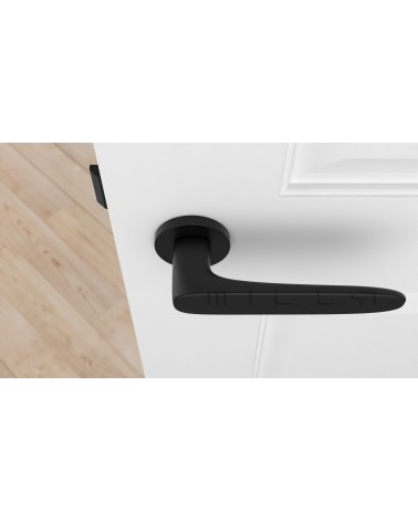 Puxador de porta preto ROSA puxador design vista de cima montado numa porta