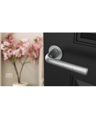 Puxador de porta Cromado acetinado TULIPA porta interior design vista inclinada montado numa porta
